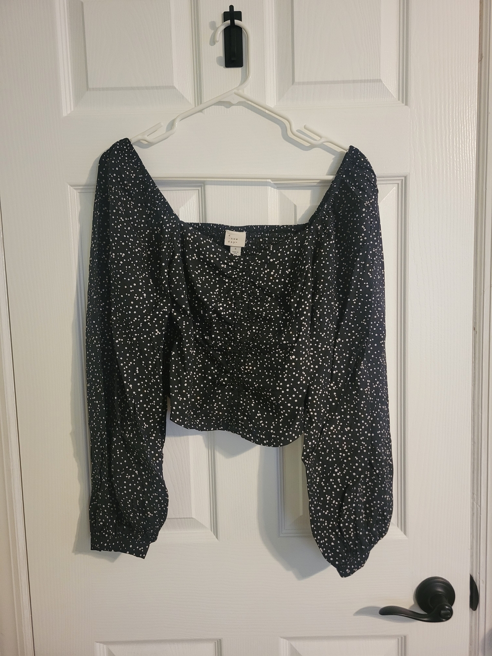 a new day Black Square-Neck Puff Sleeve Blouse with Cream Dot Print